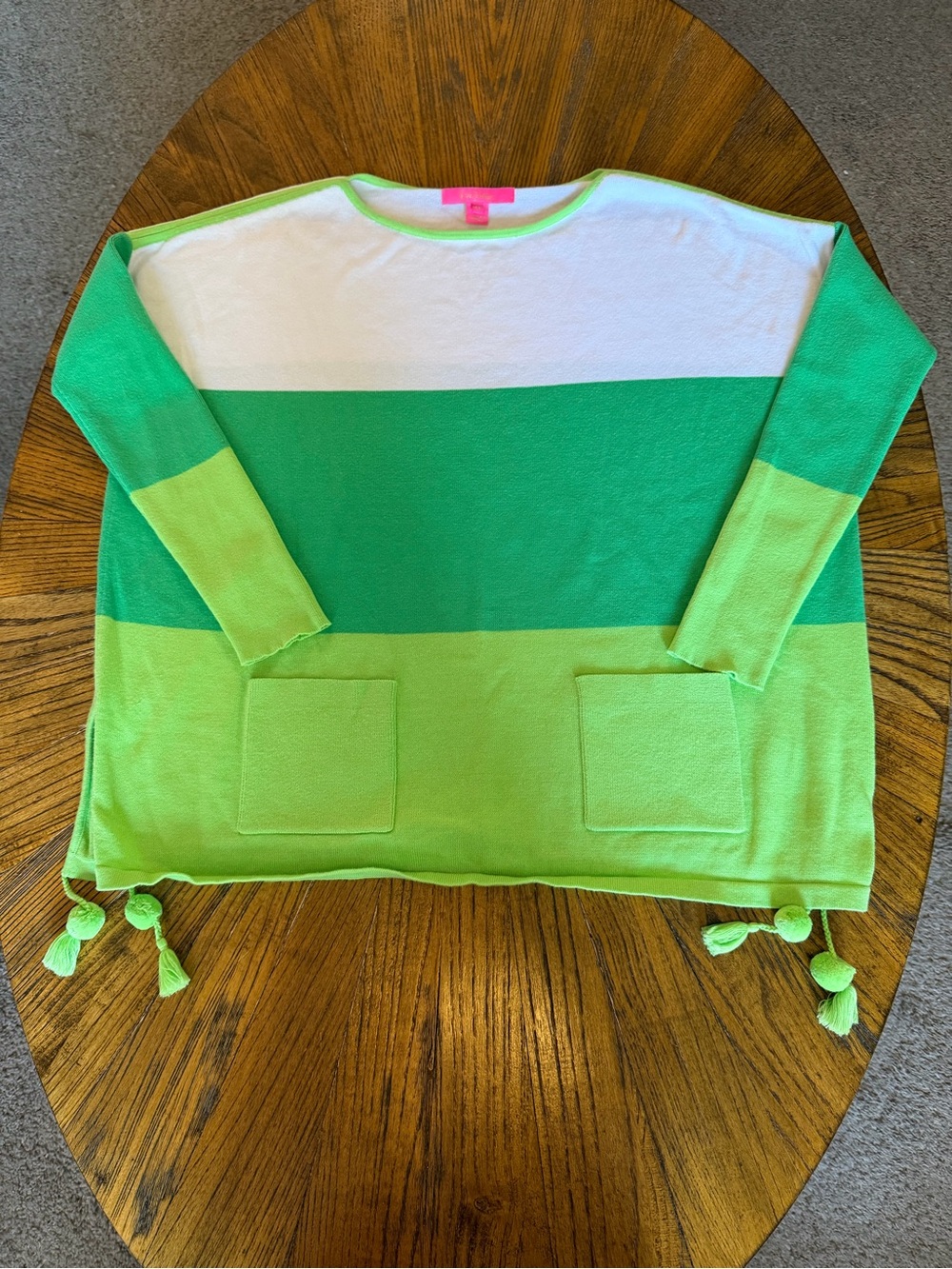 Lilly Pulitzer White, Kelly & Lime Striped Pullover with Pom Tassels